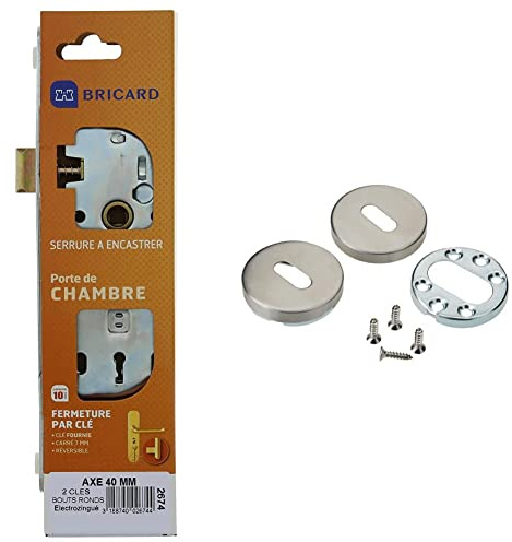 Bricard - 2674 - Serrure pour porte de chambre- d'intérieur- Electrozinguée & 667020 Paire de rosaces INOX Tempo Chambre, Porte intérieure