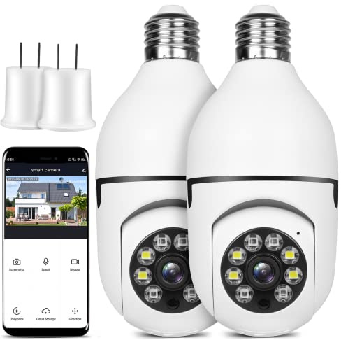 OFYOO Light Bulb Security Camera 2pcs, 1080P Wireless WiFi Home E27 360° Panoramic Security Camera Motion Detection and Alarm Two-Way Audio, Support Alexa, 5GHz WiFi
