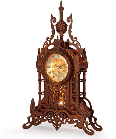 FUNPOLA 3D Puzzle Erwachsene LED Turm Uhr, 3D Holzpuzzle Erwachsene Gebäudemodell, 3D Puzzle Holzbausatz Erwachsene Décor DIY Uhr Kit (LED-WTC02)