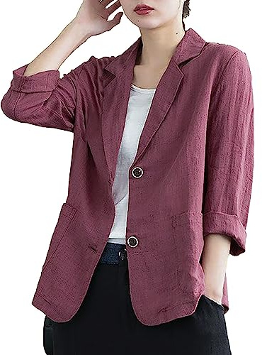 KBOPLEMQ Blazer estivo da donna, leggero, in cotone e lino, elegante, per il tempo libero, a maniche lunghe, con bottone, elegante, in cotone e lino, con tasca laterale