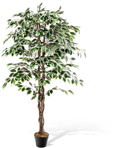 COSTWAY 160 cm konstgjord växt grön, konstgjord växt Ficus Benjamin, skotskrutigt lans med naturlig trästam och blad, inomhusväxtdekoration, konstträd inredning, för hem, trädgård, kontor