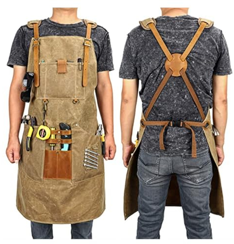 PTRDXV Tischler Schürze – Robuste Arbeitsschürze Aus Gewachstem Segeltuch Mit Multifunktionalen Taschen, Vollständig Verstellbare Werkzeugschürze Für Friseure, Holzarbeiten Und Gartenarbeiten,A
