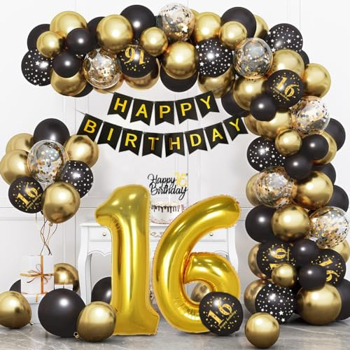 Bluelves Deko 16 Geburtstag Schwarz Gold, Luftballon 16. Geburtstag, 16 Jahr Geburtstagdeko, Happy Birthday Girlande Ballon Dekoration für Mann Frauen