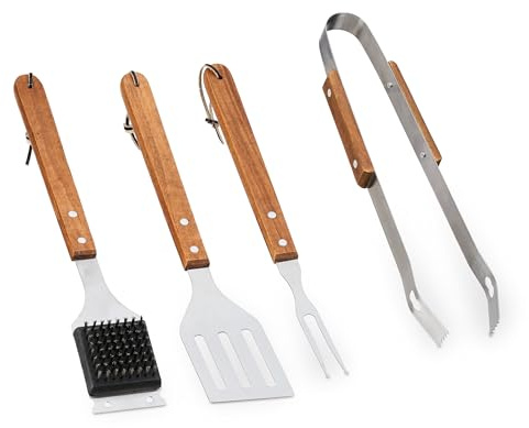 Relaxdays Grillverktyg, set i 4 delar, grilltång, köttgaffel, borste, spatel, rostfritt stål, trä, silver/brun