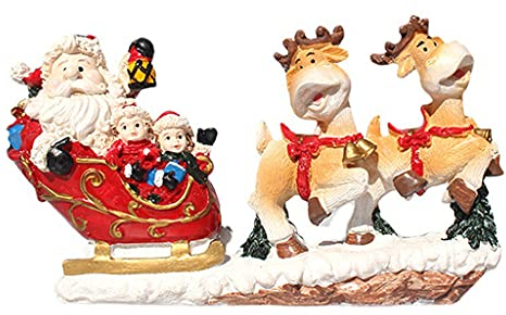 BEBIKR Weihnachtsmann im Schlitten mit Rentier-Statuen, Kunstharz, Winterdorf-Szene, Dekoration, Weihnachtsfiguren