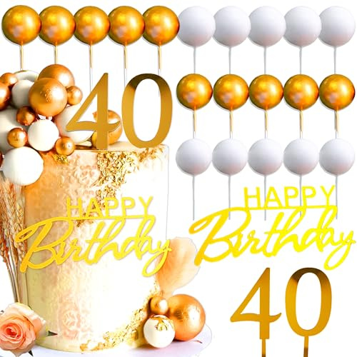 JeVenis Gold Happy 40 Geburtstagstorten Dekoration 40 Geburtstagstorten Topper Goldkugeln Happy Birthday Schild für Gold Weiß Geburtstagsparty Zubehör Geschenke