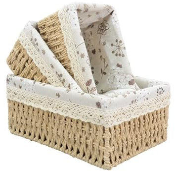 Geflochten Deko Körbe, 3 Stück - Aufbewahrung Mit Futter, Wasserhyazinthe, Badezimmer Organizer, Wickeltisch Organizer, Weidenkorb, Beige