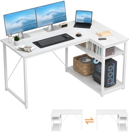TRIUMPHKEY Escritorio Esquinero en L de 140x80 cm con Almacenamiento, Escritorio de Esquina con Estante Reversible, Estable Mesa Ordenador en L para Oficina, Estudio o Secretaría, Blanco