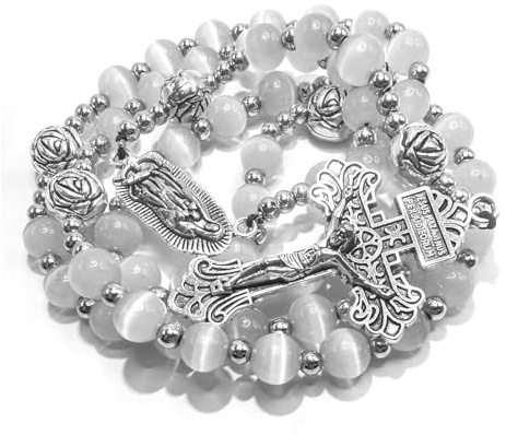 LinZengYo Catholic Rosary Necklace for Women & Men - White Stone & Stainless Steel Beads with St. Benedict Medal & Cross