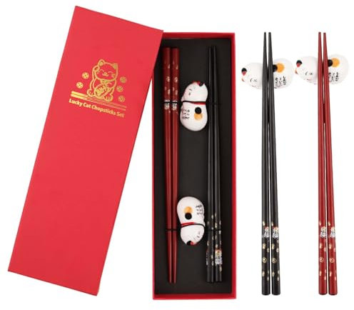 PENCHUAN Sushi Essstäbchen Set Katze 2 Paar mit Inklusive Keramik, Holz Essstäbchen Wiederverwendbare, Unterleger in Passenden Geschenkbox Nachhaltig Japanisch Chinesisch Koreanisch Taiwanesisch