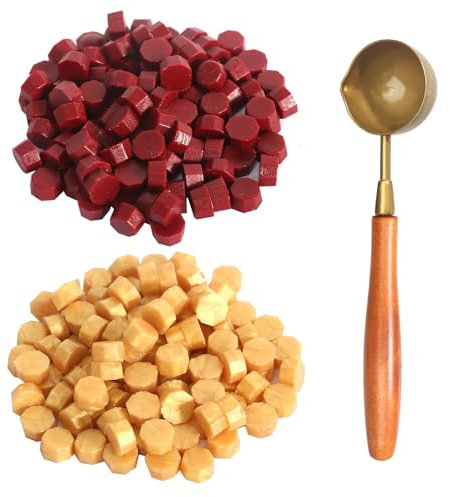 400 Stück Siegelwachs Gold Siegelwachs Rot Siegelwachs Perlen mit 1 Wachsschmelzlöffel Wachssiegel Stempel Siegelwachs Set für Einladungen Karten Umschläge Weinpakete Geschenkverpackungen