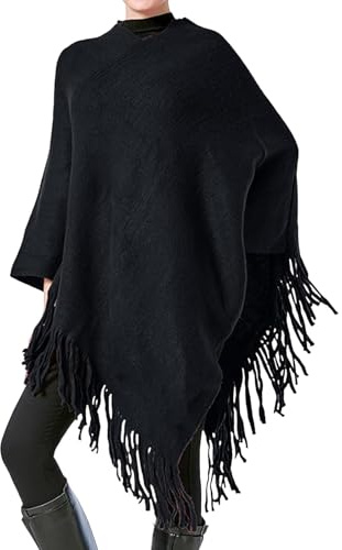JPSSJGYH Großer Poncho-Pullover mit gekreuzter Vorderseite für Damen, Pullover-Cape mit V-Ausschnitt, eleganter Strick-Schal-Poncho mit Fransen (Black,One Size)