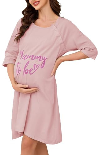 Vlazom Damen 3/4 Ärmel Umstandskleid Baumwolle Rundausschnitt Umstandskleidung mit Knöpfe Weiches（M，Stil C-Fleischrosa）