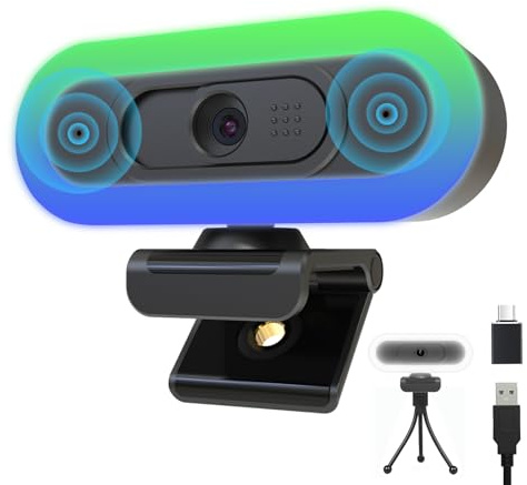 Hrayzan Webcam 2K per PC, Plug and Play, USB C con doppio microfono, luce ad anello, luce RGB di riempimento e copertura, webcam con messa a fuoco automatica per laptop, FOV a 65°, webcam in streaming