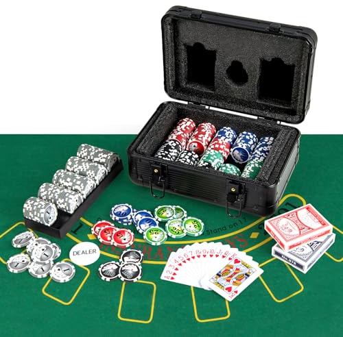 COSTWAY Maletín de Poker Profesional, Juego de Fichas de Póker con 2 Barajas de Cartas, Botón de Distribuidor, Alfombra, Estuche de Aluminio con 2 Llaves, para Familia, Fiestas, Reuniones (300 piezas)