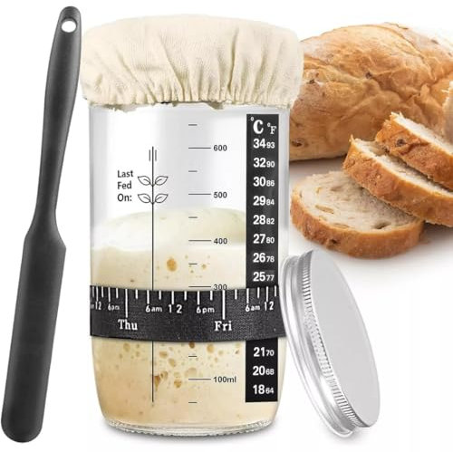 Sourdough Starter Jar Kit,730ml 24Oz Glass Round Jar,Reusable Wide Mouth Glass Sourdough Fermentation,with Date Feeding Band, Thermometer, Cloth Cover & Metal Lid