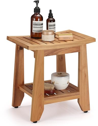 TEAKAURA Teak Shower Bench Stool, 14'' Compact Waterproof Wooden Sauna Bath Bench with Storage Shelf, Non-Slip Solid Teak Shower Seat Chair for Small Bathrooms Inside Shower and Outdoor Use