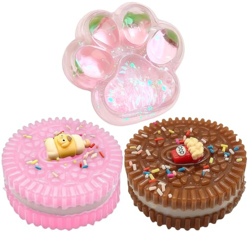 GWAWG Anti-stress squishy kawaii leksaker, set med 3 söta squishies, kristallkatt tass dekompression leksak, kex stressavlastningsleksak, sensorisk gåva anti-stress barn, vuxen flicka