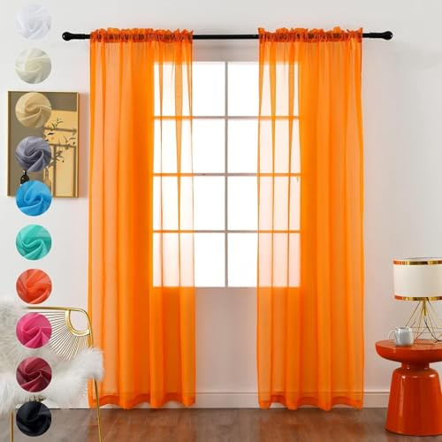 Youleyar 2 Set Tende Trasparenti in Voile di Poliestere con Tasche per Bastoni, Tende per Soggiorno, Decorazione per Camera da Letto, Dimensioni: L140 x A175 cm, Colore: Arancione