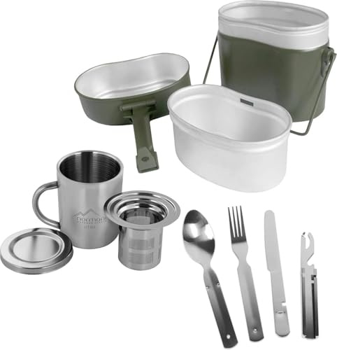 Outdoor Camping Geschirr-Set Kochgeschirr - Aluminium Kochtopf, 5 in 1 Besteck, Thermotasse mit Teesieb - Wohnmobil, Zelten, Picknick, Wandern oder Grillen Oliv OneSize