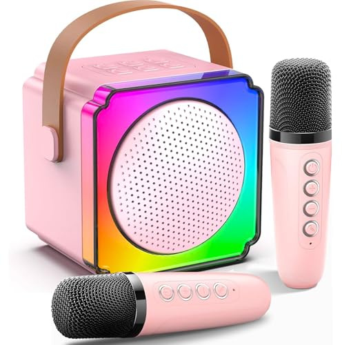 Mikrofon Kinder, Karaoke Maschine Kinder mit 2 Drahtlosen Mikrofonen Bluetooth Karaoke Maschine mit Stimme Wechselnde Effekte und LED Lichter Karaoke für Kinder Erwachsene Jungen Mädchen(Rosa)
