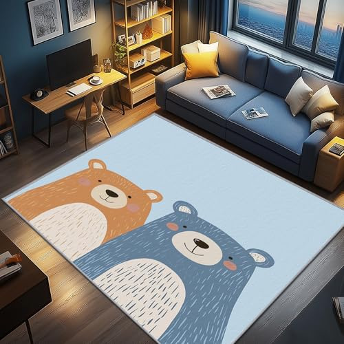 AevuCub Bär Deko, Kawaii Bär Kinder Teppich 160x230 Kurzflor, Großer Teppich Wohnzimmer Cartoon Waldtiere, Weich rutschfest Waschbare Teppiche, Bettvorleger Schlafzimmer Kinderzimmer