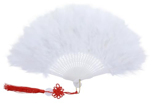 Grevosea Marabou Feather Fan, 20s Vintage Folding Fan Renaissance Rave Fans, Foldable Hand Feather Fans for 1920s Gatsby Party,Clothing Accessories and Party Decorations(White)
