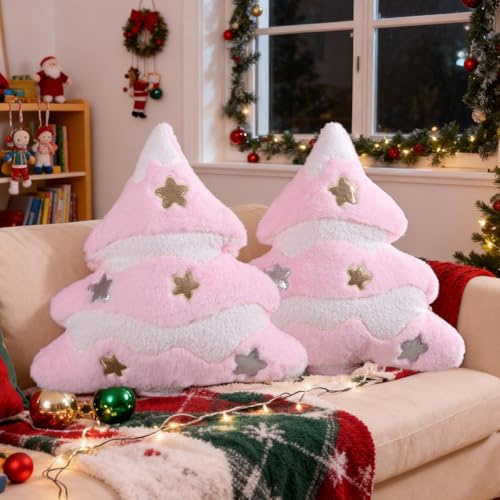 Lanpn 2 Stück Weihnachtsbaum Kissen Weihnachtskissen, Stern Weihnachts Kissen Dekokissen Flauschiges Zierkissen für Party Bett Sofa Couch Innenbereich Weihnachtsdeko (Rosa, 40x45,5cm)