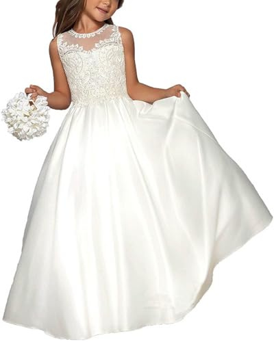 Hongyangjing Abito da Prima Comunione per bambina, con applicazioni di perle, in raso, linea ad A, per matrimonio in chiesa, avorio, 11-12 Anni