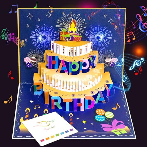 Musikalische 3D-Pop-Up-Geburtstagskarte mit Lichtern und interaktiver Ausblaskerze – Spielt Happy Birthday-Lied mit Applaus und Jubel – Dreischichtiger Kuchen-Design mit Feuerwerk – Inklusive