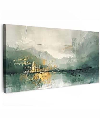 MuchoWow© Wandbilder Schlafzimmer Home Deko XXL Wandbild Wohnung Bild | 100x50 cm - Wohnzimmer Fotoleinwand Panorama Leinwand Wall Decor Groß Grün - Modern - Abstrakt - Gold