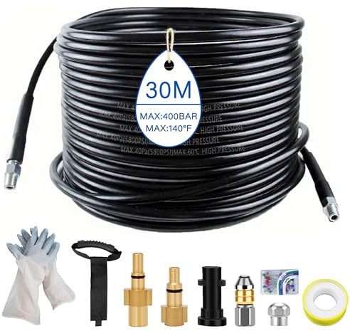 30M/100FT High Pressure Washer Drain Hose Kit 5800 PSI / 400 bar, Compatible with Karcher K2-K7 Series, Lavor & Bosch - Sewer Jetter with Jet & Rotating Nozzle for Drains, Patios, Driveways