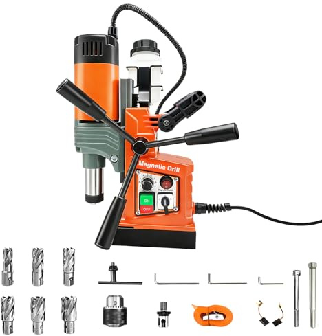 Mag Drill Press with 6 Pcs Coring Bits, 1400W 2 Boring Diameter, 2922lbf/13000N Power Portable Magnetic Drill, 810 PRM, Electric Drilling Machine for Metal Surface, Home Improvement Industry