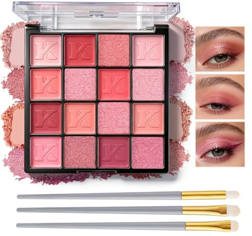 Prreal 16 färger ögonskuggspalett, rosa ögonskuggad matta glitter, mycket pigmenterad färgglad ögonskuggpulver med borstar för vardagen, födelsedag, konsert, karneval festival ögonmakeup, rosa