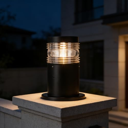 XINYASEE Lámpara de Columna para Exterior, Bolardo Luminoso para Jardín, Negro Mate, Cristal Transparente, Lámpara de Pie Impermeable IP54, Luz de Jardín y Camino, Base de Suelo