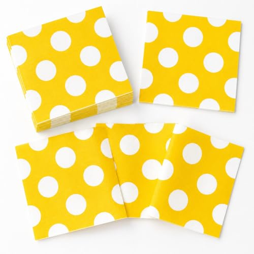 Ovanda 20 Stück Gelbe Servietten Punkte, Party Servietten Papier 33 x 33 cm, Papierservietten Gelb Weiß für Geburtstag, Kindergeburtstag, Baby Shower, Sommerparty, Gartenparty, Picknick Tischdeko