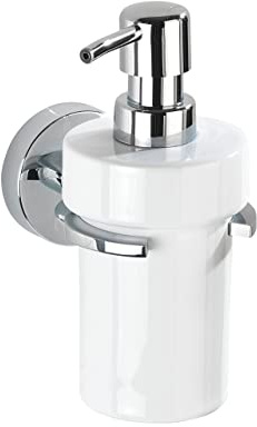 WENKO 22315100 Seifenspender Zinkdruckguss, Spender: Keramik 11,5 x 8,5 x 17 cm, Chrom
