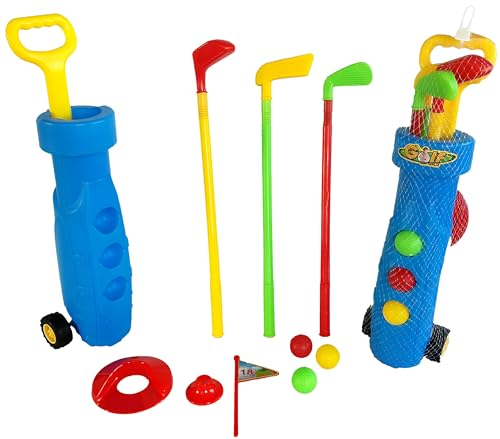 Kids Toy Golf Caddy Set with 3 Plastic Clubs, 3 Balls, Wheeled Trolley & Hole – Outdoor Garden Sports Toy for Children Aged 3+, Lightweight Portable Junior Golf Set – Summer Fun Game Golf Set for Kids