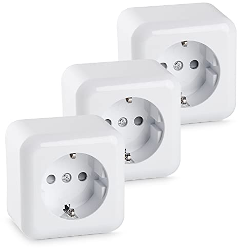 HEITECH Prise en saillie avec terre - 3x Prise murale avec protection enfants 250 VAC 16A IP44 2 pôles - Bloc prise saillie intérieur - Prise de courant avec terre - Prise électrique