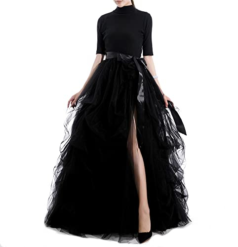 Qmker Women's Long Maxi Tulle Wedding Skirt A Line Floor Length Special Occasion Bustle Night Out fold Skirt Layered High Waist Half-Dress Split Princess 2X-Large Black