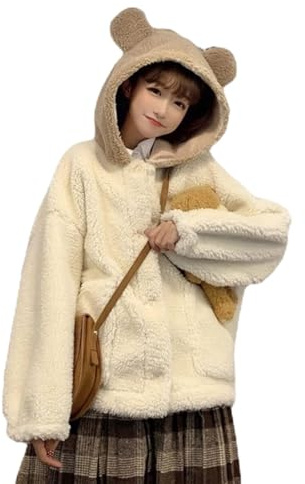 Esdlajks Kawaii Hoodie for Womens - Japanese Cute Bear Ear Coat Cotton Women's Jacket Plus Velvet Thickening Imitation Lamb Fur Warm (Color : Beige, Size : L)