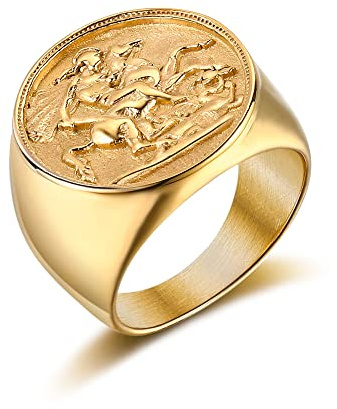 Joliernelle Sovereign Ring Gold for Men Stainless Steel St. George Dragon Slayer Signet Ring Size S