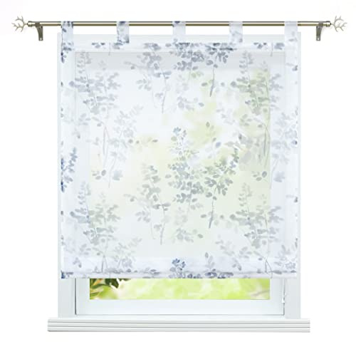 ESLIR Raffrollo mit Schlaufen Gardinen Küche Raffgardinen Transparent Schlaufenrollo Vorhänge Blätter-Motiven Modern Voile Grau BxH 140x140cm 1 Stück