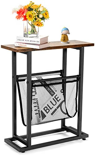 COSTWAY Beistelltisch schmal, Kleiner Sofatisch mit Zeitschriftenhalter & Stahlrahmen, industrieller Nachttisch, Kaffeetisch Teetisch, für Wohnzimmer Schlafzimmer Büro, Vintagebraun+Schwarz