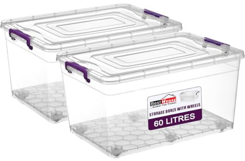 BH | 60L - 2 PCS Clear Large Plastic Storage Box with Lids on Wheels | Containers Multi Purpose use for Home, office, Kitchen, Toys, Clip Locked (60 Litres) - By BEST HOUSE