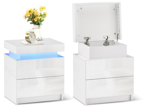 TUKAILAi Set of 2 Bedside Table with 2 Drawers & LED Light for Bedroom | 7 colours remote control, high gloss front, top hidden storage, sturdy MDF, nightstand for bedroom, living room, or office