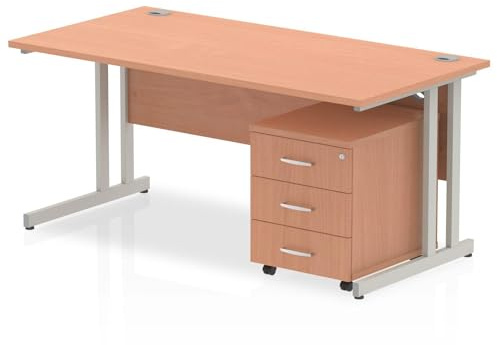 OPO Impulse Freestanding 1800mm Rectangular Cantilever Leg Straight Desk Workstation with Mobile Pedestal 2/3 Drawers | Sturdy Build Weather & Heat Resistant Melamine Finish Oak Silver 2 Drawer