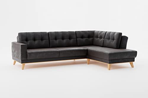 CAVADORE Ecksofa Lima mit Ottomane / L-Form-Couch in Wildlederoptik mit Schlaffunktion + Bettkasten / Holzrahmen + Steppung im Rücken / Mikrofaser, Dunkelgrau