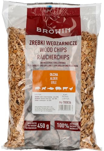 Browin® Trucioli per affumicatura di ontano, 450 g, 780836, 6 – 8 mm, per carne e pesce, trucioli per affumicare e grigliare, per affumicare, barbecue a gas e barbecue