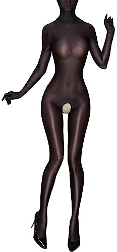 CHICTRY Women 8D Oil Shiny Glossy Full Bodystocking Nylon See Through Sheer Hooded Bodysuit Catsuit 3# Black B One Size
